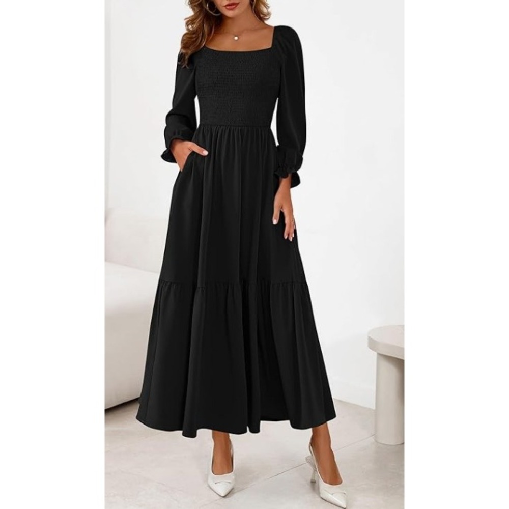 Kranda Smocked Bodice Tiered Maxi Dress Long Sleeve Tie Back Women's Small